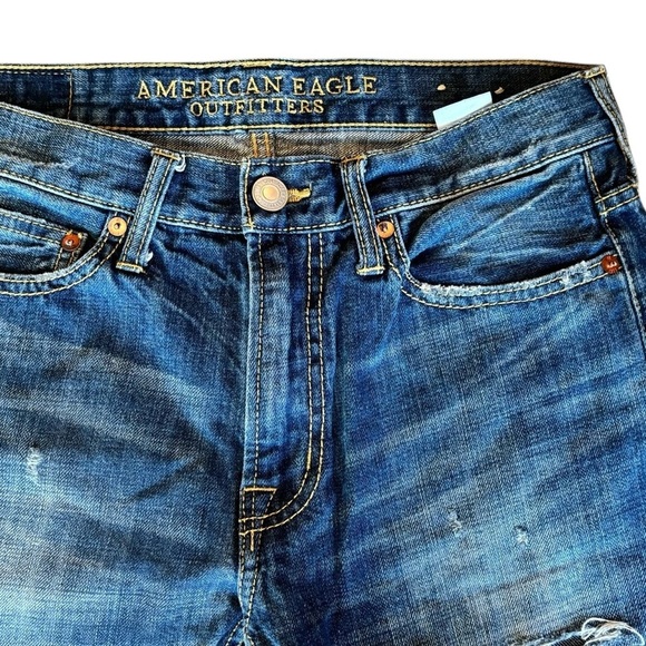 American Eagle AEO Slim Distressed Jean Sz 29X31”Blue 100% Cotton Whisker Detail - Picture 2 of 8
